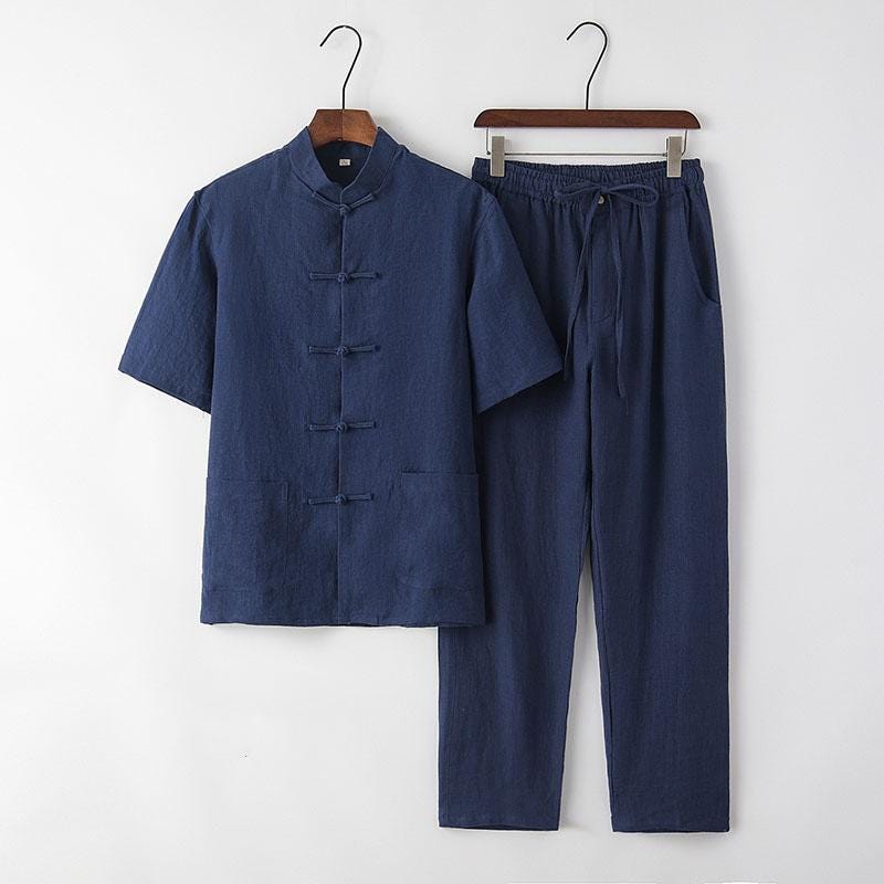 100% Linen Suit for Men, Two-Piece Set Chinese Style Vintage Hanfu