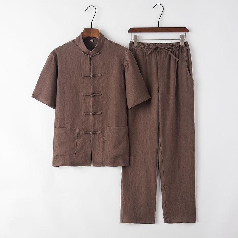 100% Linen Suit for Men, Two-Piece Set Chinese Style Vintage Hanfu