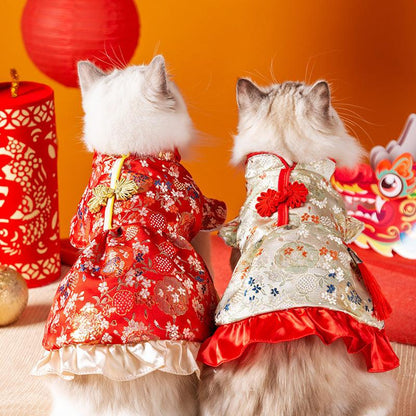 Cat and Dog New Year Brocade Tasseled Tang Dynasty Dress and Outfit