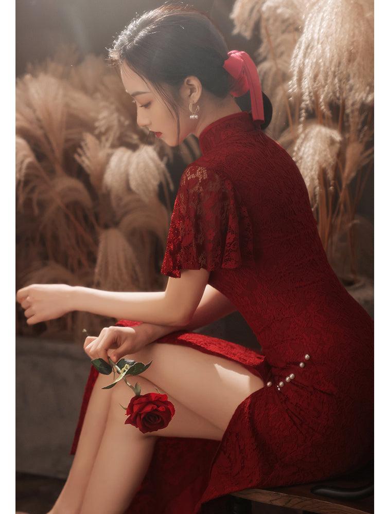 Wine Red Lace Tea Ceremony Qipao