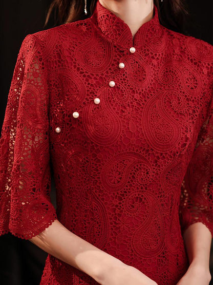 Lace Wine Red Cheongsam Dress Chinese Wedding