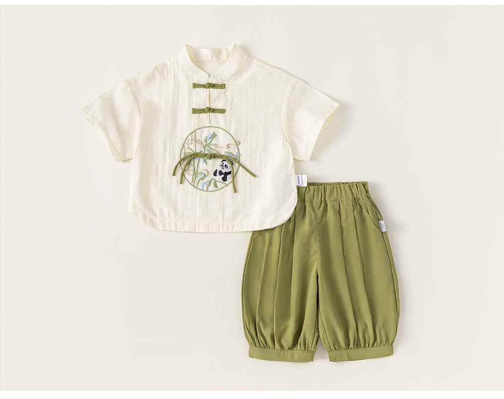 Boys' Hanfu Two-Piece Set, Children's Frog Button Chinese Style