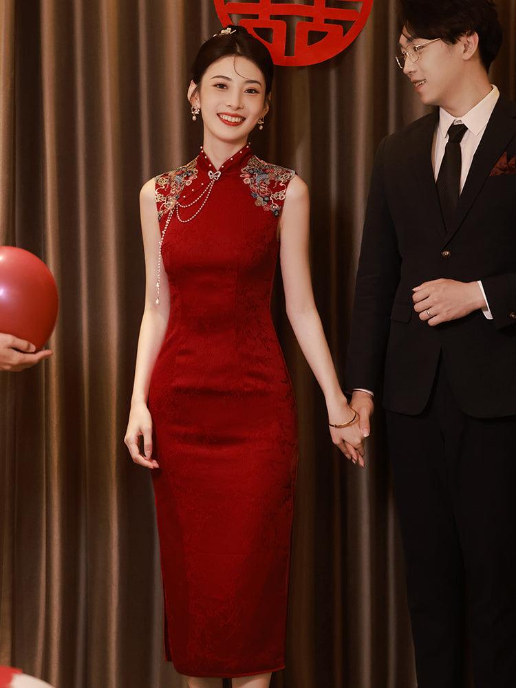 Wine Red Cheongsam Embroidered