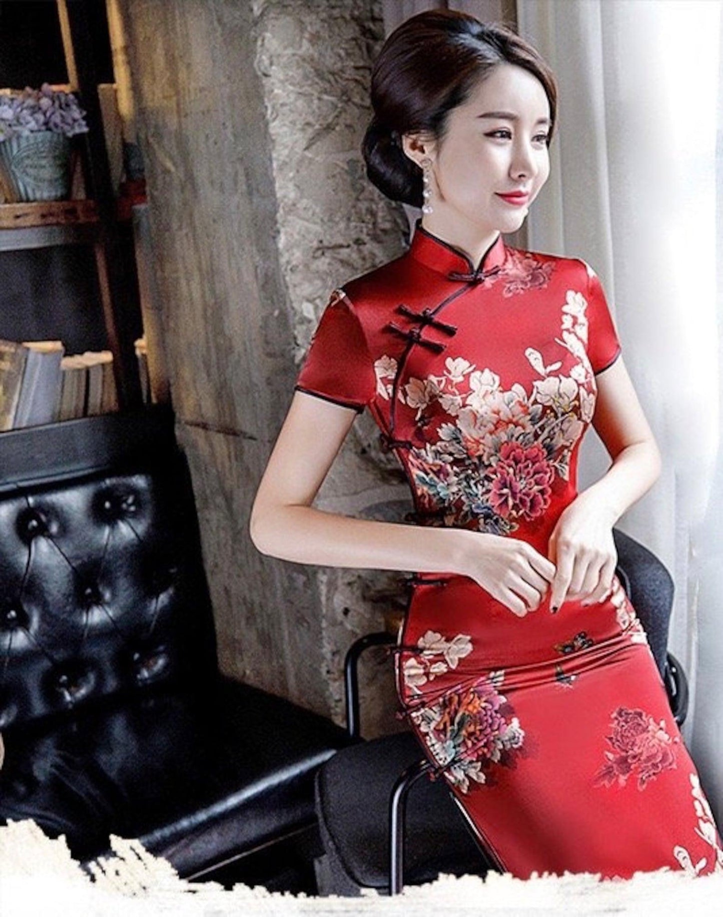 Red-based Large-floral Pattern Mulberry Silk Qipao