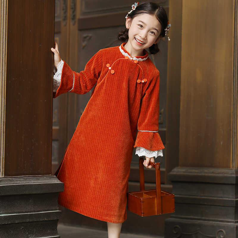 Chenille Red Qipao Dress For Girl