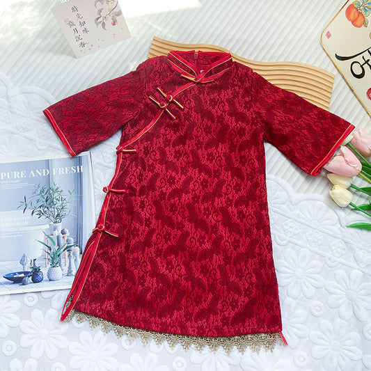 Red Qipao Dress For Girl Long sleeves