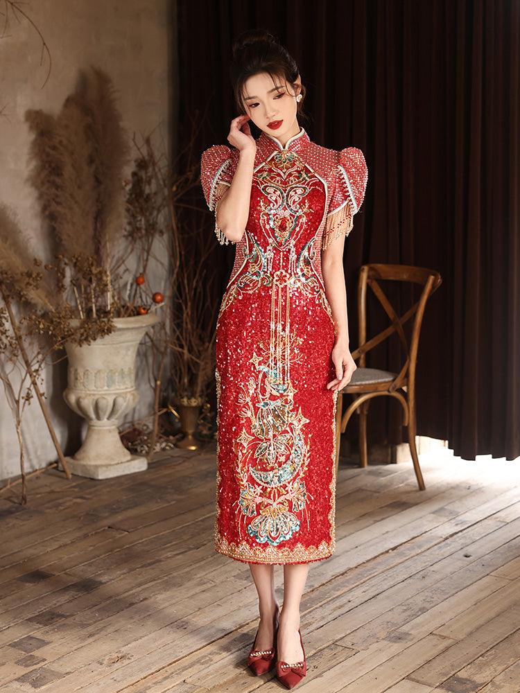 Red Traditional Chinese wedding Cheongsam with Sequins