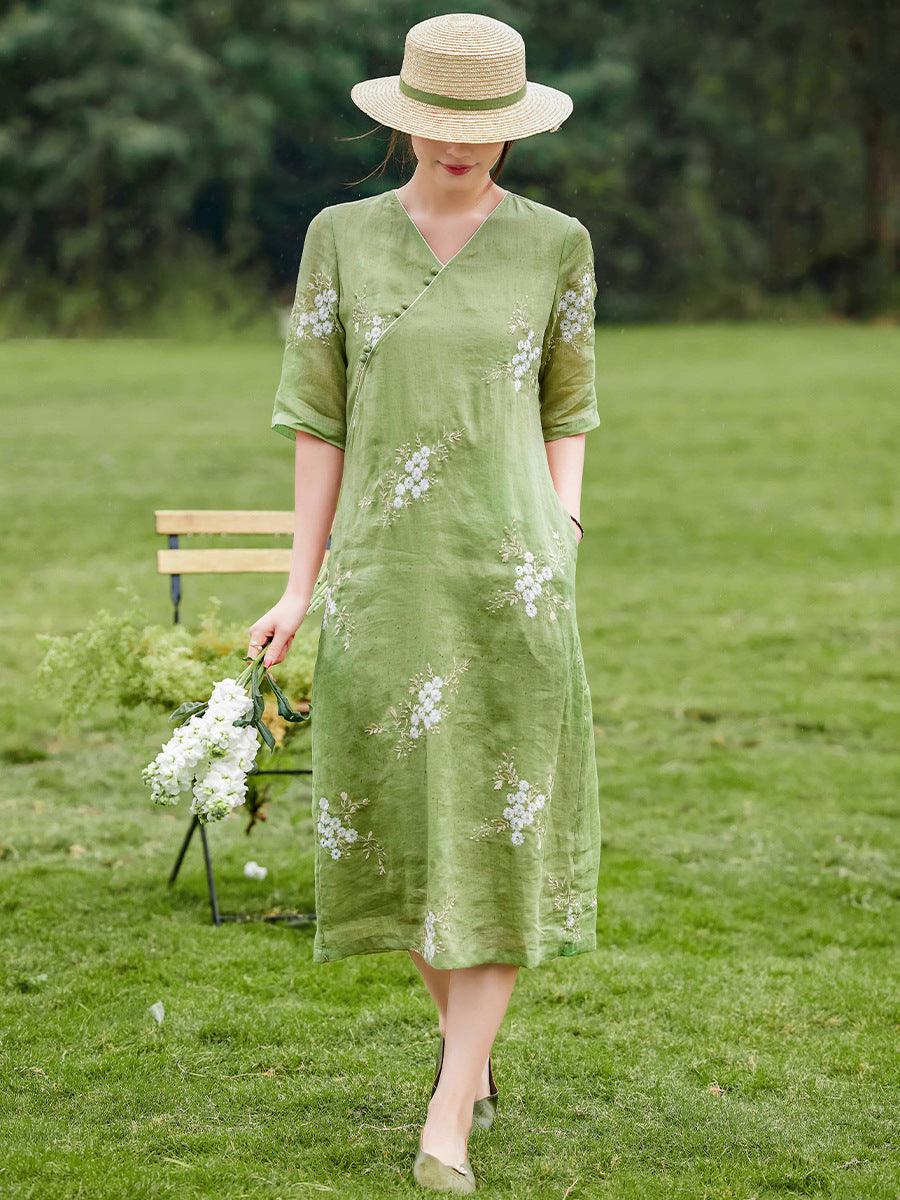 Grass Green Ramie Printed Loose Fit Qipao