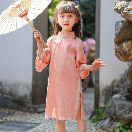 Pink Color Qipao with Lace Trim Girl's Cheongsam