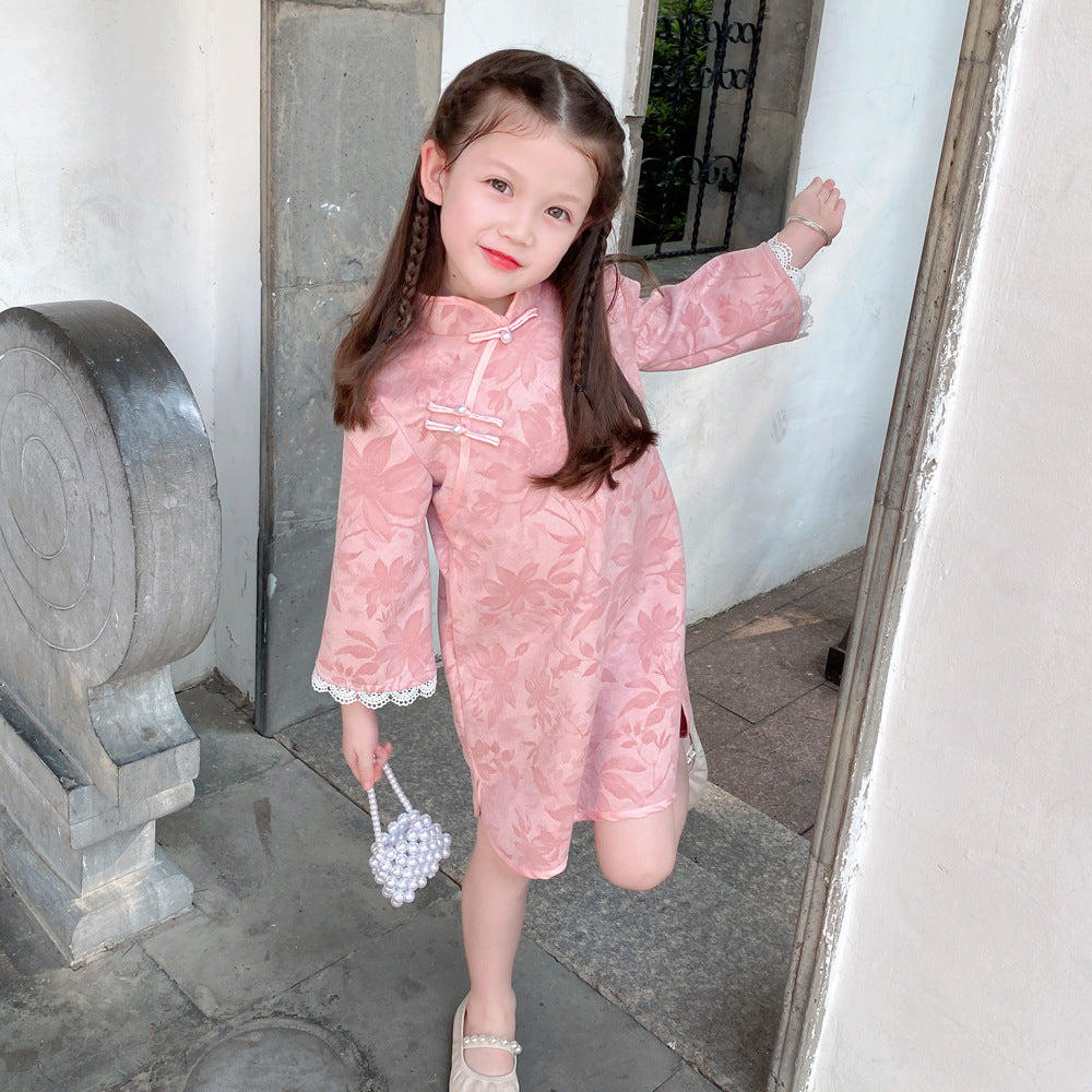 Girls' Pink Long Sleeve Qipao