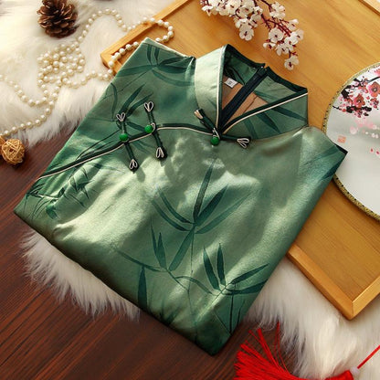 Green Qipao Blouse Top Bamboo pattern