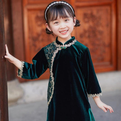 Green and burgundy Girls' Cheongsam Dresses