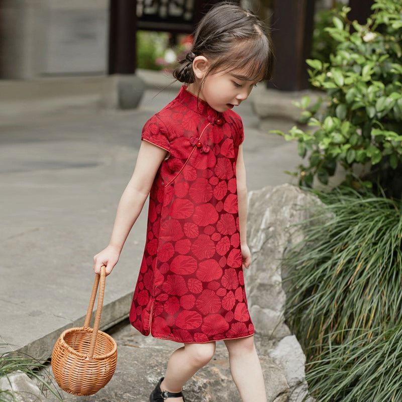 Girl Red Qipao Summer Dress