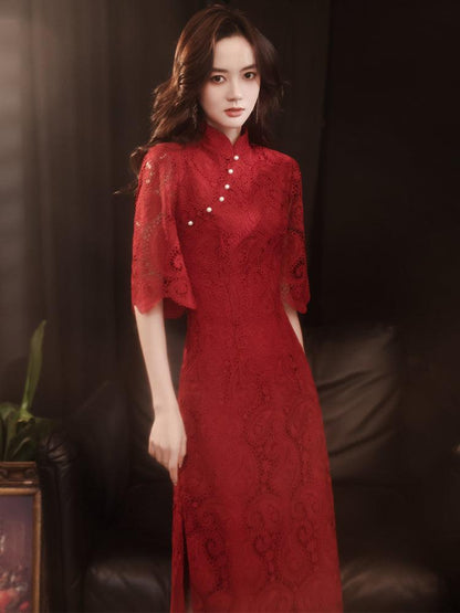 Lace Wine Red Cheongsam Dress Chinese Wedding