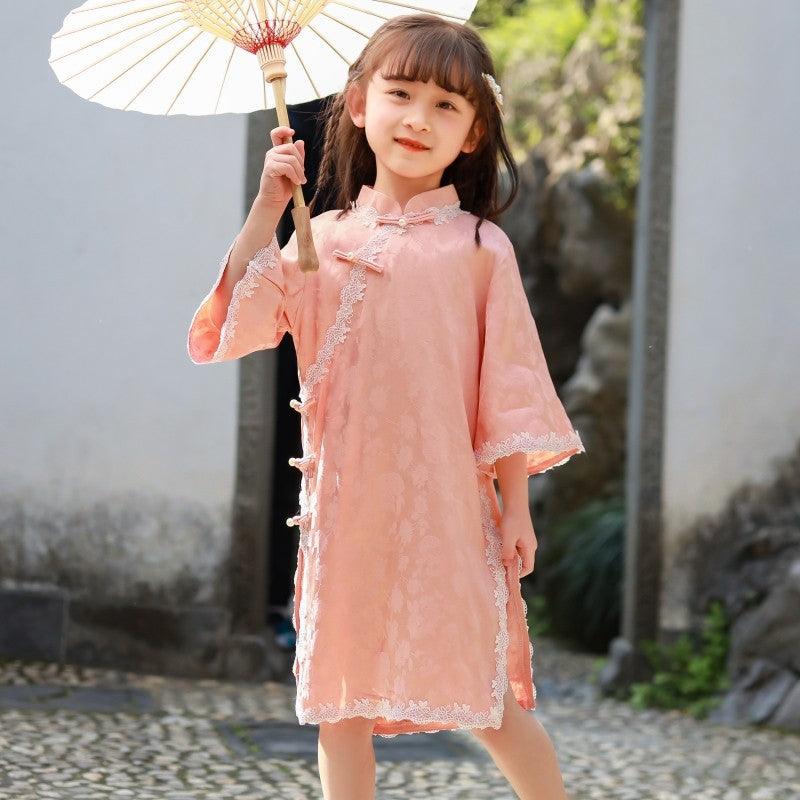 Pink Color Qipao with Lace Trim Girl's Cheongsam