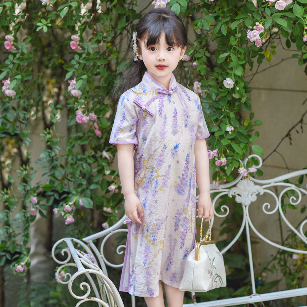 Girls' Wisteria Pattern Qipao Summer Dress