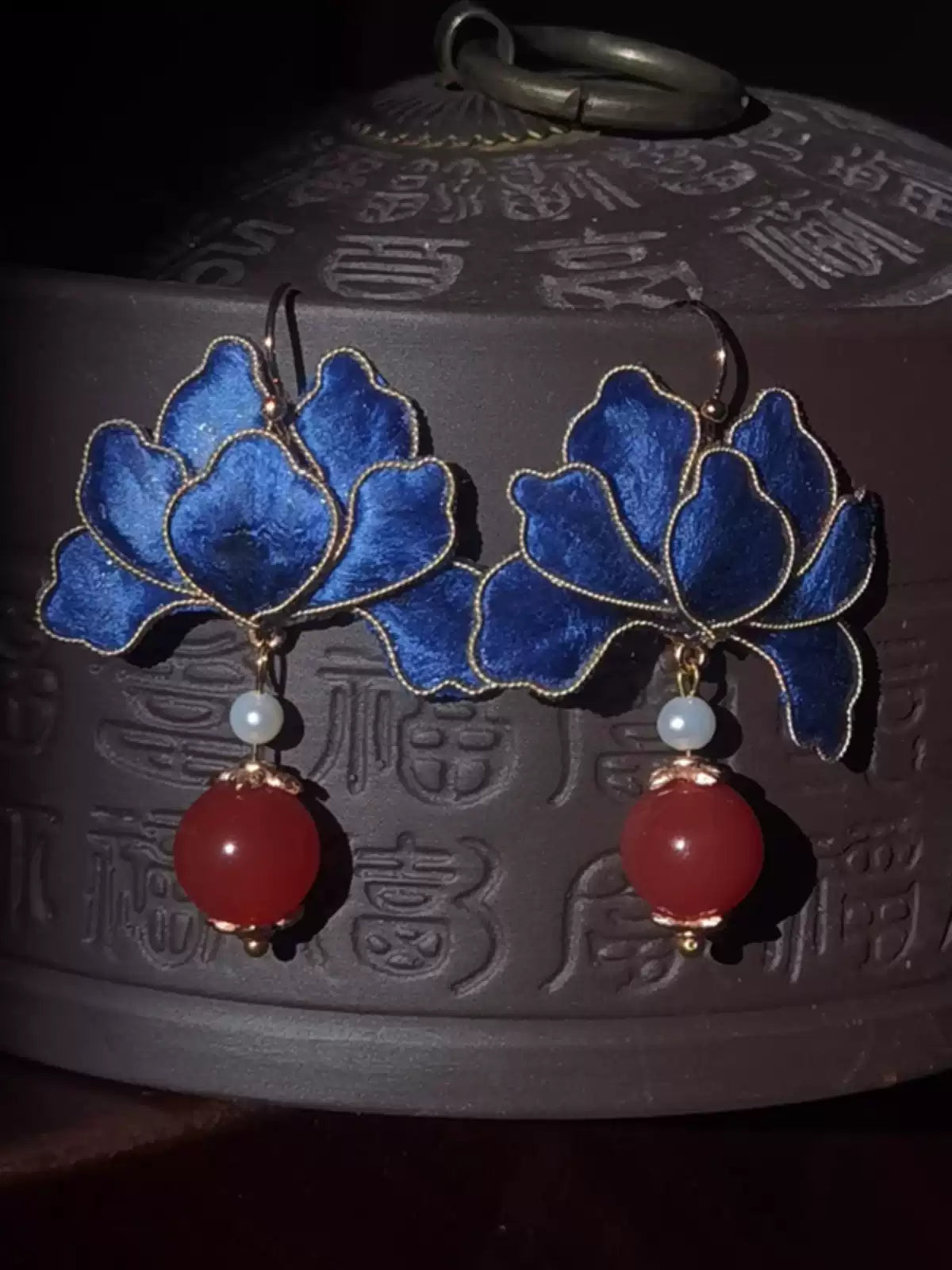 Handcrafted Silk Velvet Floral Earrings - Blue & Pink Classic Chinese Style