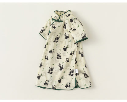 Panda Pattern Baby Children's Dress, Chinese Vintage Qipao for Little Girls