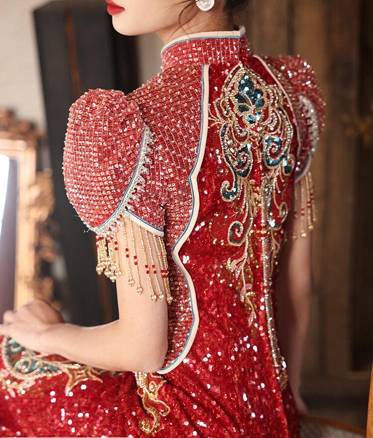 Red Traditional Chinese wedding Cheongsam with Sequins