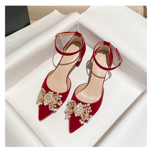 Burgundy Chunky Heel Bridal Shoes Red Velvet Ceremony Footwear