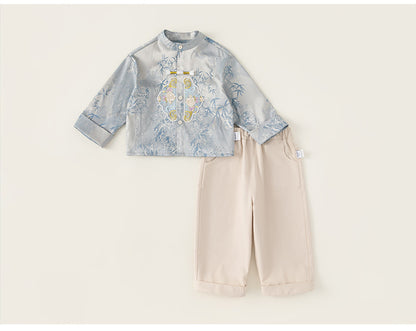 Boys' Frog Button Top and Loose Pants Two-Piece Chinese Set