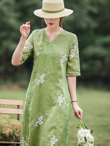 Grass Green Ramie Printed Loose Fit Qipao