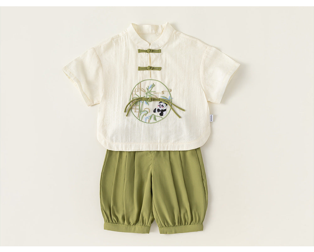 Boys' Hanfu Two-Piece Set, Children's Frog Button Chinese Style