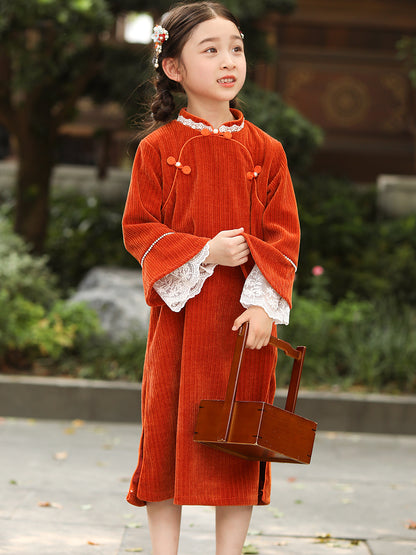 Chenille Red Qipao Dress For Girl