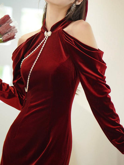 Burgundy Velvet Cheongsam with off shoulder