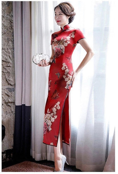 Red-based Large-floral Pattern Mulberry Silk Qipao