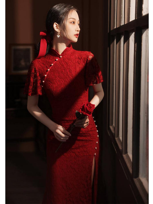 Wine Red Lace Tea Ceremony Qipao