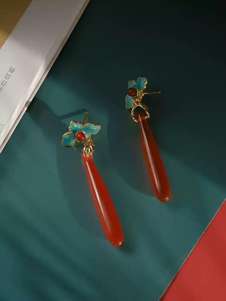 Chinese Style Red Agate Long Teardrop Earrings - Enamel & Cloisonné for Hanfu & Qipao