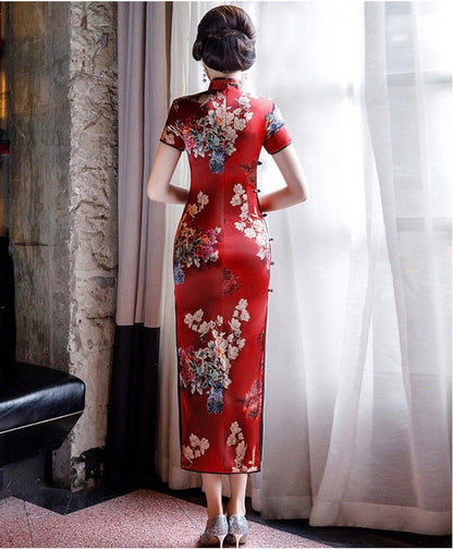 Red-based Large-floral Pattern Mulberry Silk Qipao