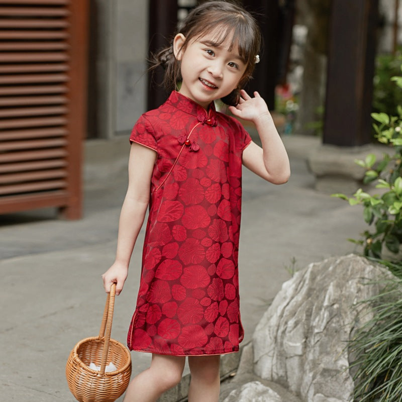 Girl Red Qipao Summer Dress