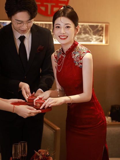 Wine Red Cheongsam Embroidered