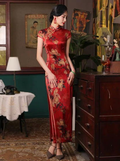 Red Mulberry silk Cheongsam with floral