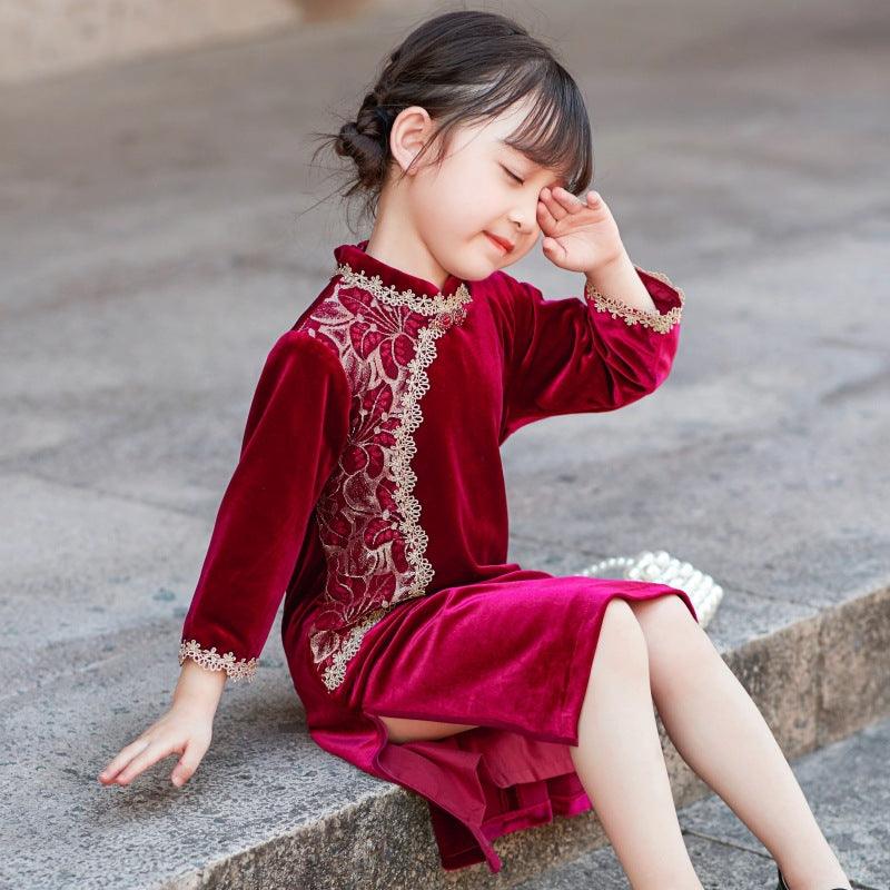 Green and burgundy Girls' Cheongsam Dresses