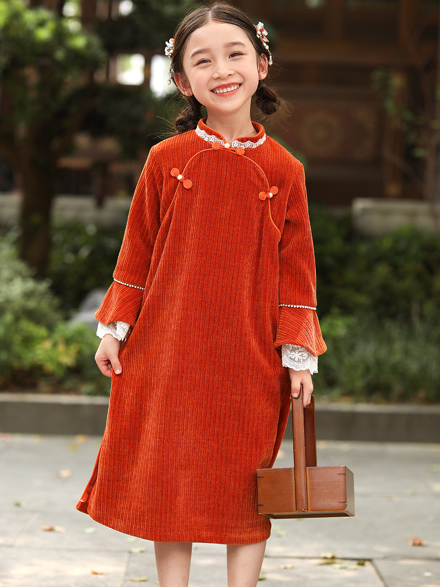 Chenille Red Qipao Dress For Girl