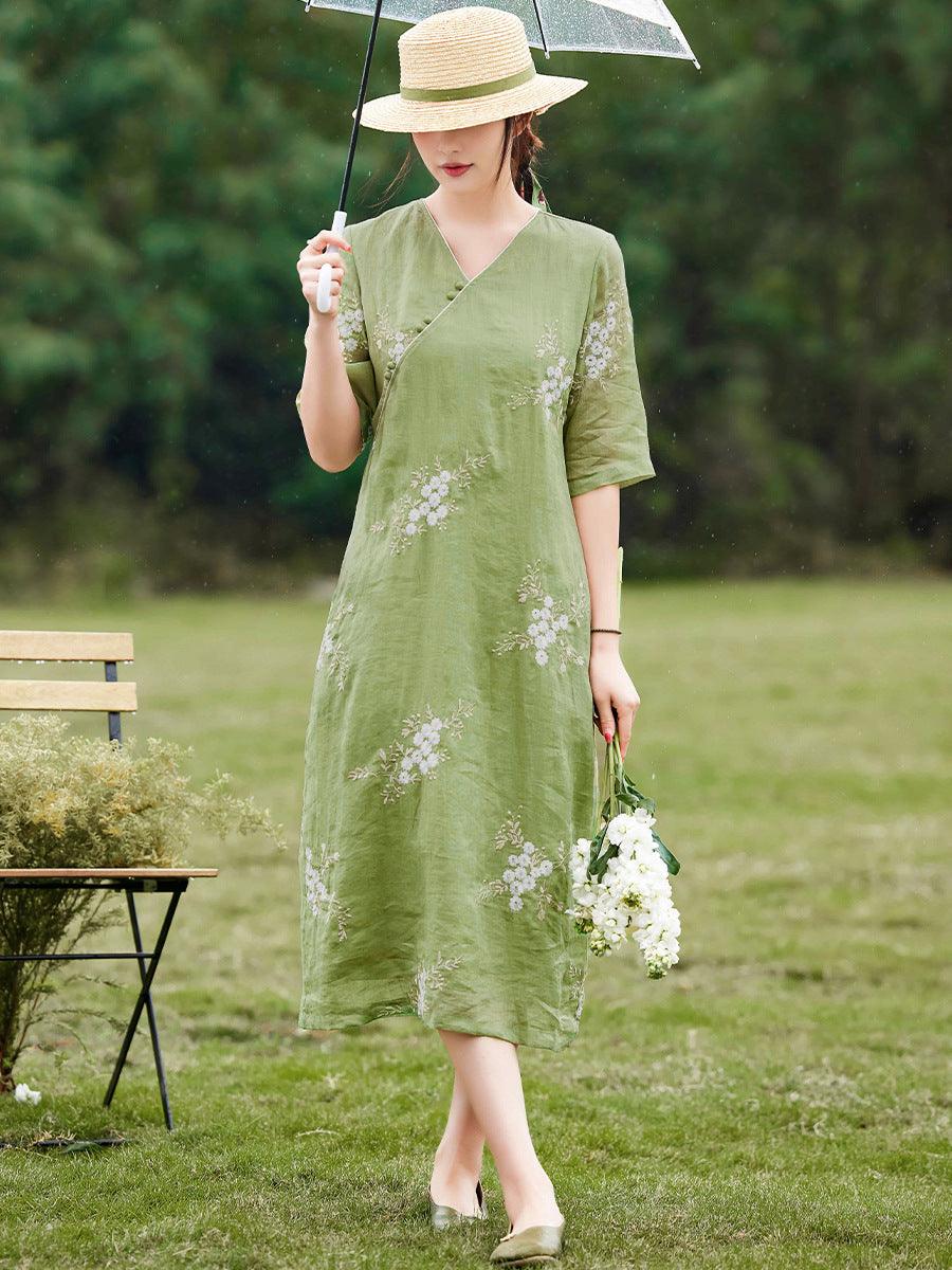 Grass Green Ramie Printed Loose Fit Qipao