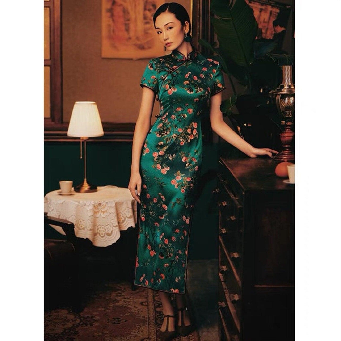 Green Mulberry silk Cheongsam with floral