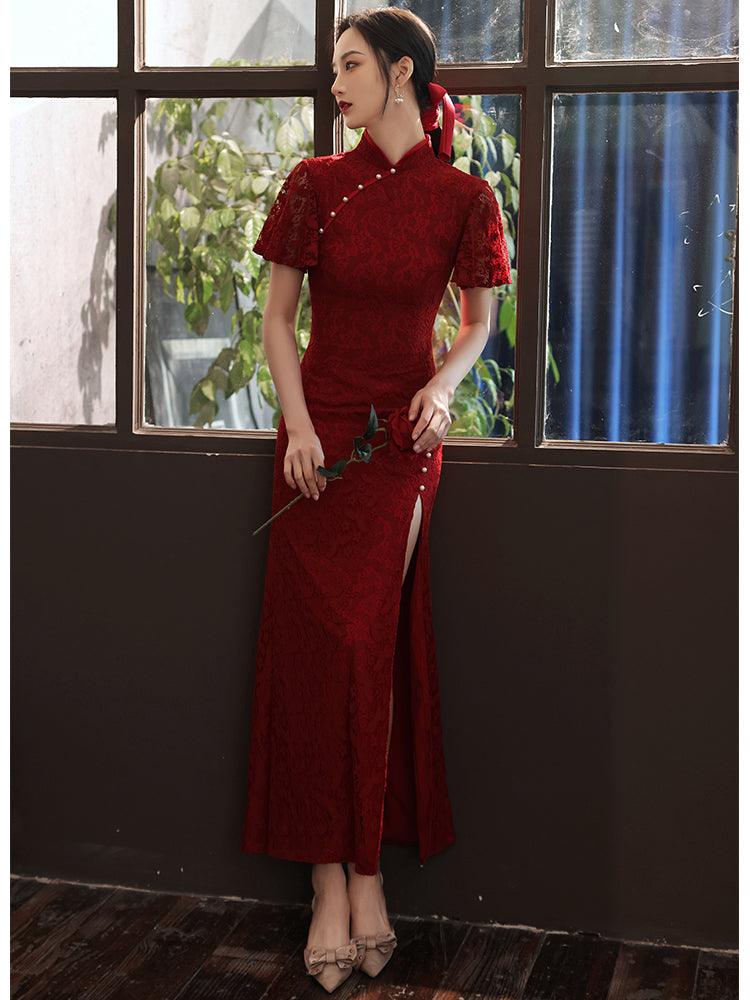 Wine Red Lace Tea Ceremony Qipao