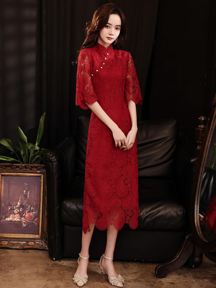 Lace Wine Red Cheongsam Dress Chinese Wedding