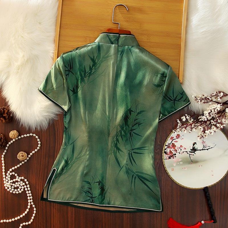 Green Qipao Blouse Top Bamboo pattern