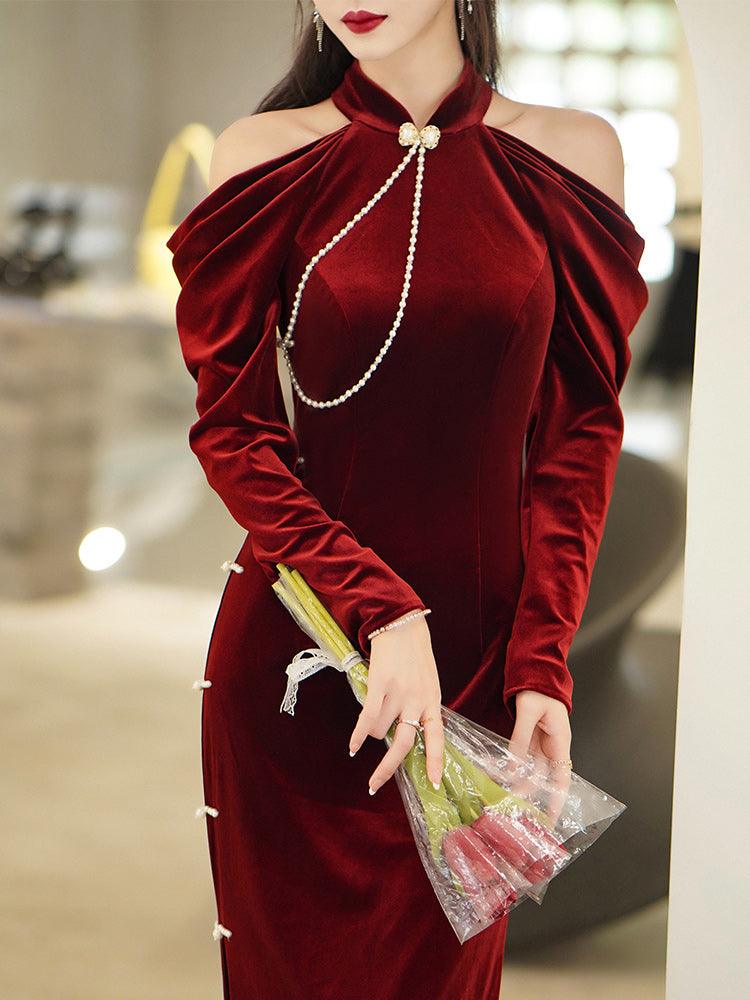 Burgundy Velvet Cheongsam with off shoulder