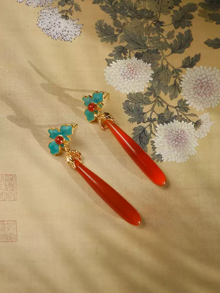 Chinese Style Red Agate Long Teardrop Earrings - Enamel & Cloisonné for Hanfu & Qipao