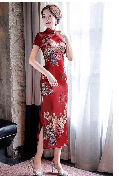 Red-based Large-floral Pattern Mulberry Silk Qipao