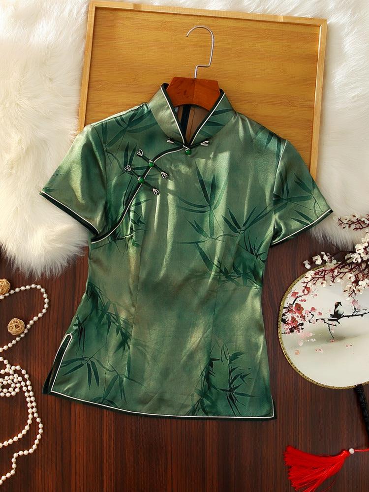 Green Qipao Blouse Top Bamboo pattern