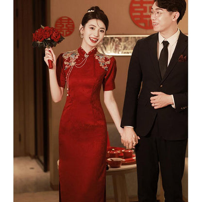 Wine Red Cheongsam Embroidered