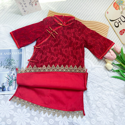 Red Qipao Dress For Girl Long sleeves