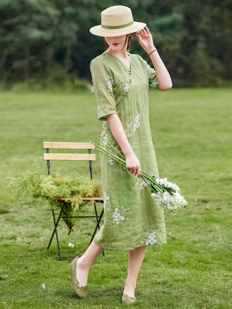 Grass Green Ramie Printed Loose Fit Qipao